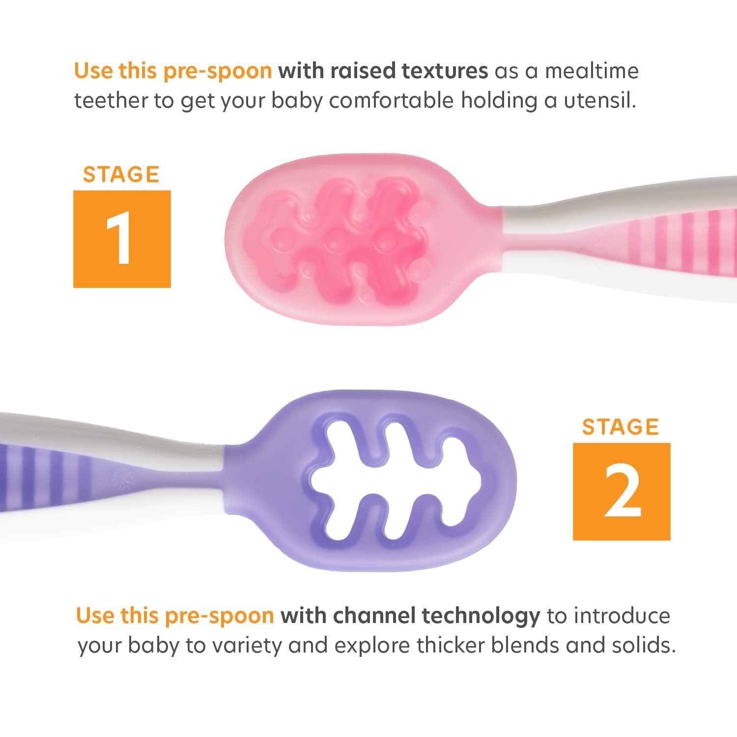 NumNum Pre-Spoon GOOtensils | Baby Spoon Set (Stage 1 + Stage 2) | BPA Free Silicone Self Feeding Toddler Utensils | for Kids Ages 6 Months+, 1-Pack, Two Spoons, Frosty Lilac/Rosebud - Image 2